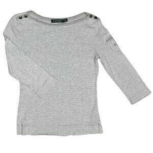 Lauren Ralph Lauren Gray Striped Nautical Button Shoulder Top 3/4 Sleeve Size M